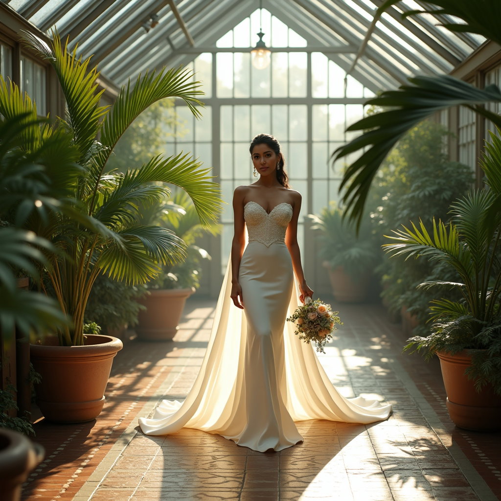 AI-generated photo: Photorealistic bridal fashion editorial photography inside a Victorian glasshouse conservatory, palm...