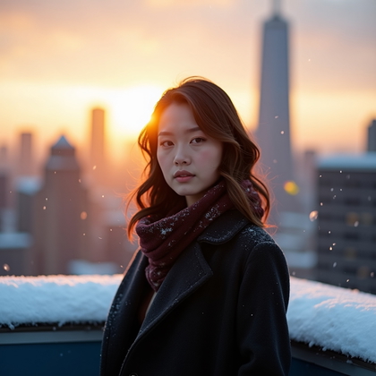 AI-generated photo: Photorealistic editorial rooftop portrait photo at winter sunset on a snow-dusted high-rise, subject...
