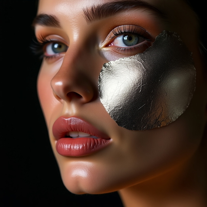 AI-generated photo: Photorealistic editorial beauty photograph using metallic foil pressed along one cheek to reflect a ...