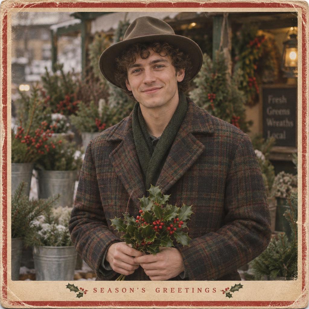 Vintage Postcard-Style Portrait: At a quiet outdoor flower stand, a single person holds a small bundle of holly below chest level and smiles gently into the camera.