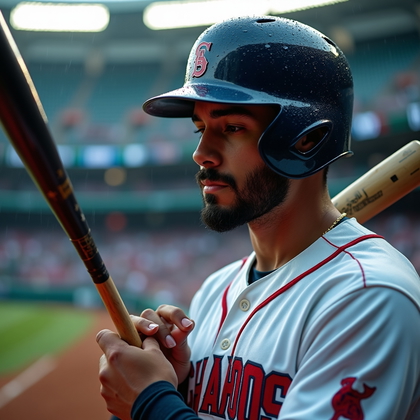 AI-generated photo: Photorealistic professional sports photography of a batter in the on-deck circle methodically wiping...