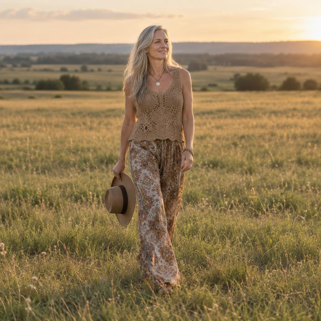 Festival Sunset Candid: Full-length view from across an open grassy field: one person walks diagonally toward the camera in an earth-toned crochet top and flowing…
