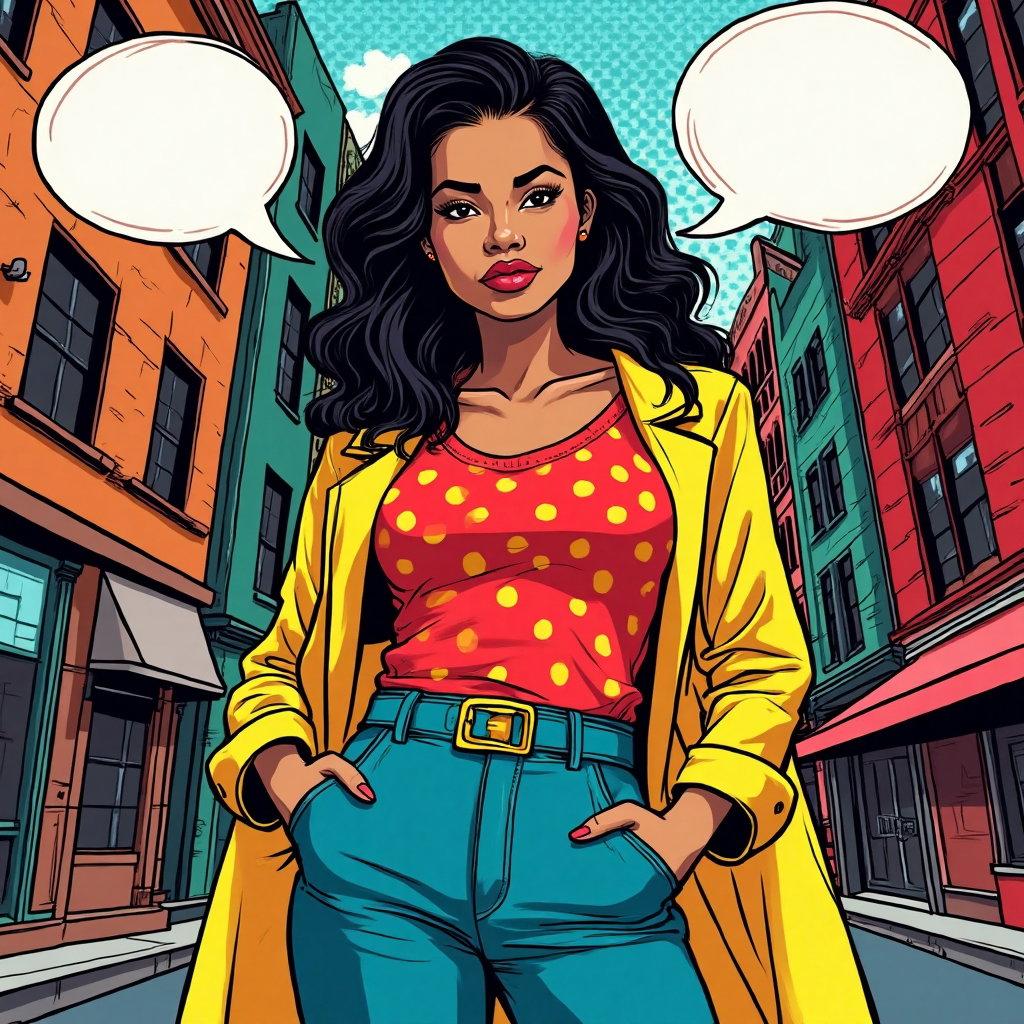 AI-generated photo: Pop Art illustration. In a dynamic scene bursting with energy, depict a young woman in a vibrant cit...