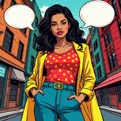 AI-generated photo: Pop Art illustration. In a dynamic scene bursting with energy, depict a young woman in a vibrant cit...