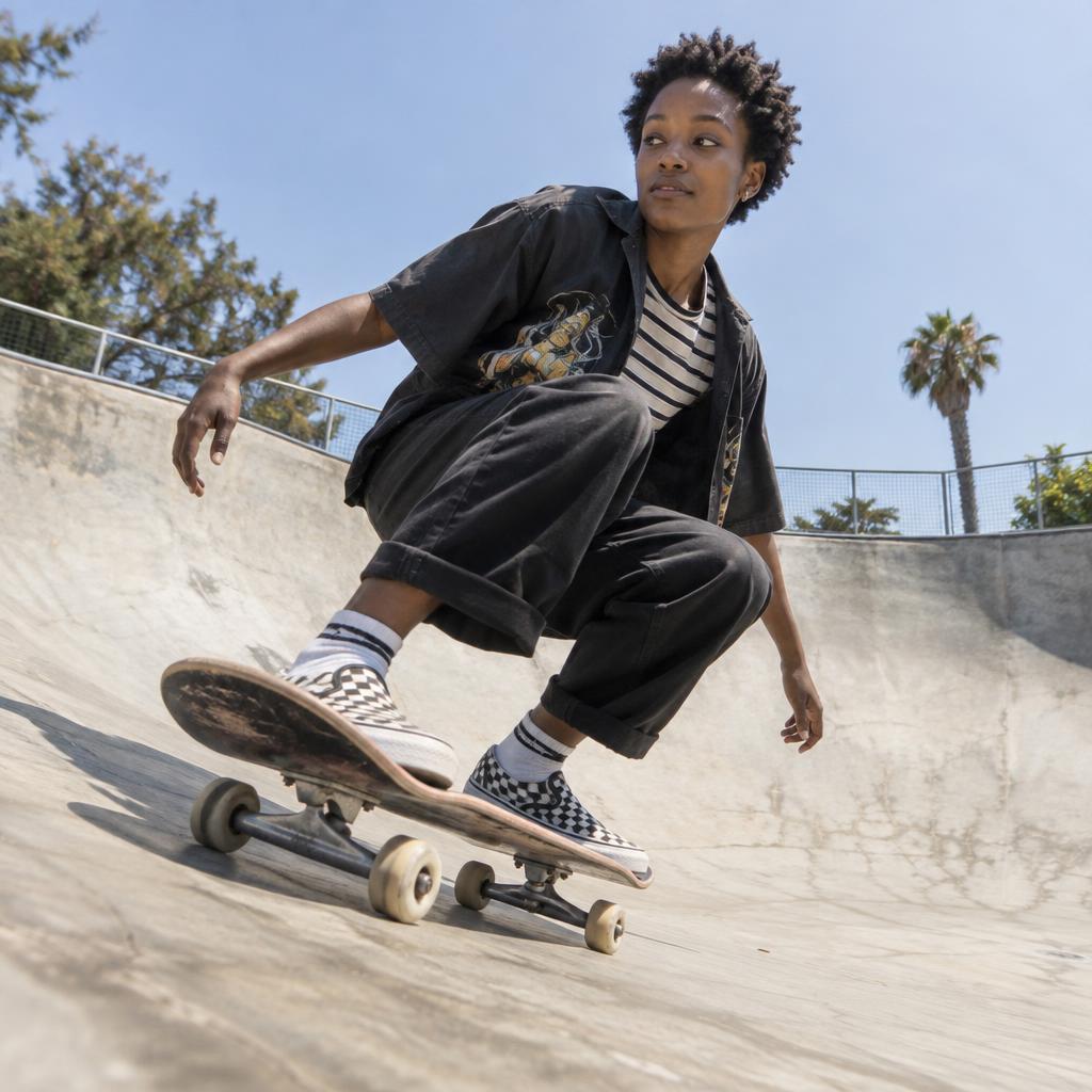 Skate-Park Wide-Angle: A low, full-body wide-angle snapshot from the floor of an empty concrete bowl: one skater carves past the viewer, knees bent, checkerboard…