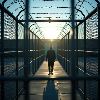 AI-generated photo: Photorealistic prison photography. The viewer’s perspective is from behind a multi-layered security ...