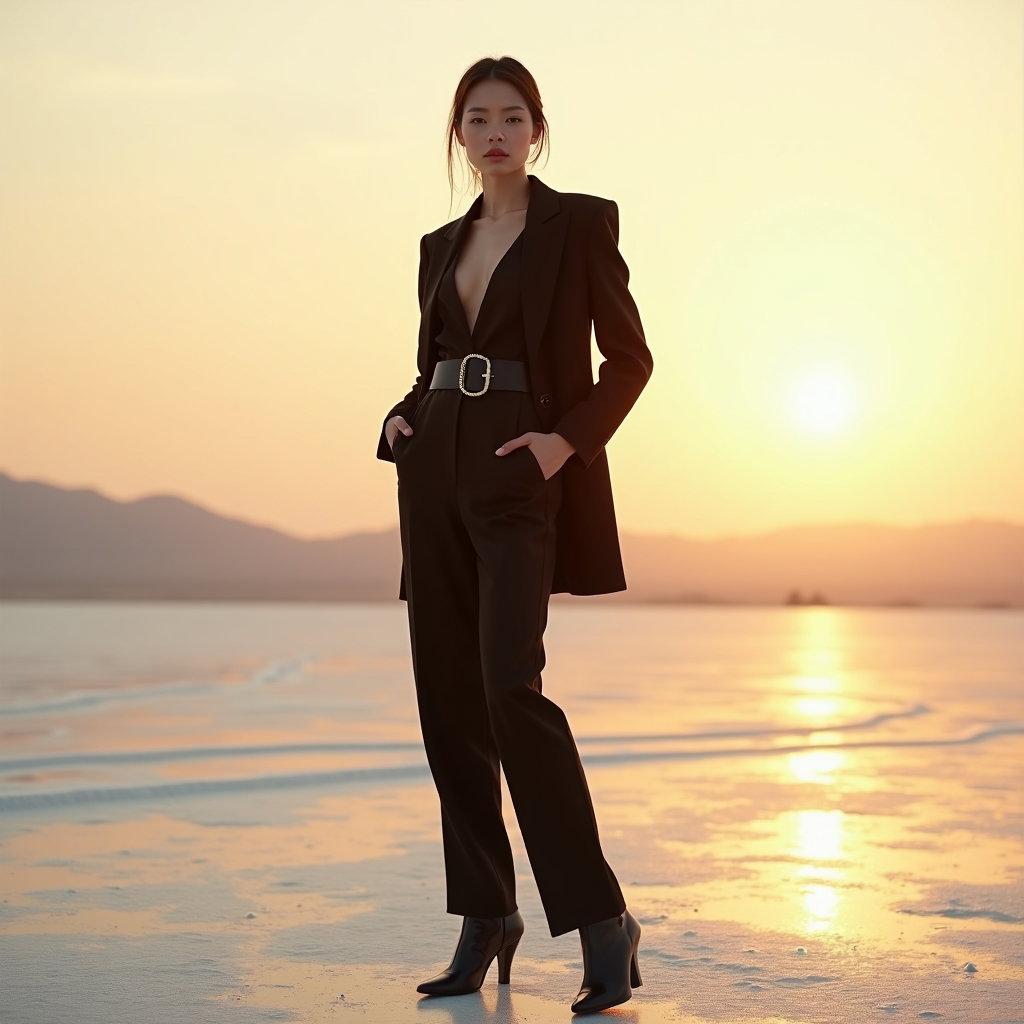 AI-generated photo: Photorealistic lifestyle fashion photograph on a minimalist desert salt flat at golden hour, subject...