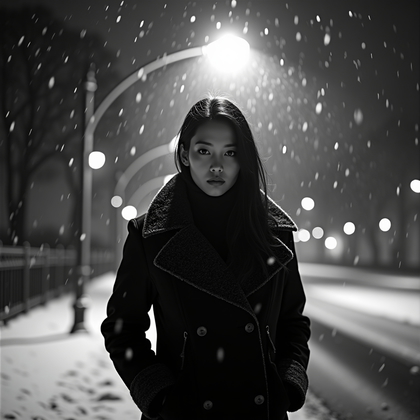 AI-generated photo: Photorealistic black-and-white night street portrait photography. Under a lone city streetlamp in th...