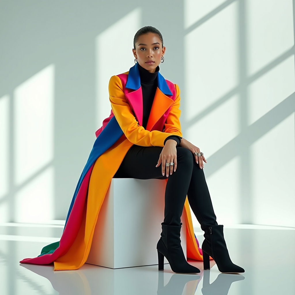 Bold Pride Fashion Editorial Portraits example: Photorealistic fashion editorial portrait. Editorial hero image seated on a glossy white cube in a minimalist studio, fa
