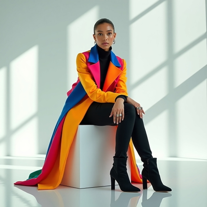 Bold Pride Fashion Editorial Portraits example: Photorealistic fashion editorial portrait. Editorial hero image seated on a glossy white cube in a minimalist studio, fa