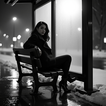 AI-generated photo: Photorealistic black-and-white night street portrait photography of the subject at a deserted bus sh...