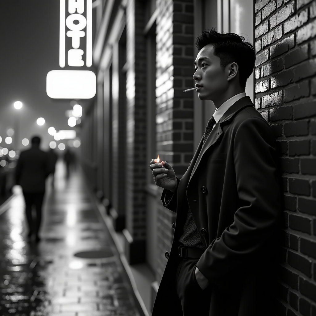 AI-generated photo: Black-and-white cinematic street photograph at night, rain-slick cobblestones mirror a flickering ne...