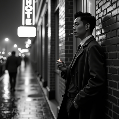 AI-generated photo: Black-and-white cinematic street photograph at night, rain-slick cobblestones mirror a flickering ne...