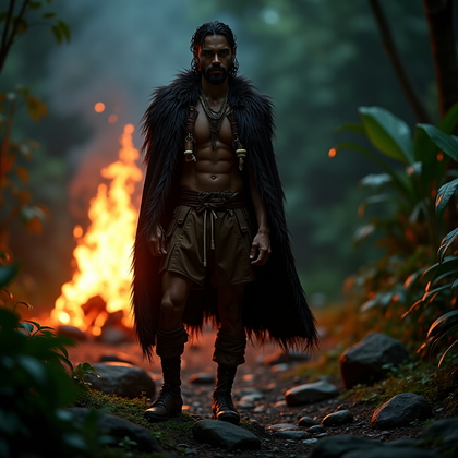 AI-generated photo: Photorealistic cinematic portrait photography in a jungle clearing at night, where a towering bonfir...