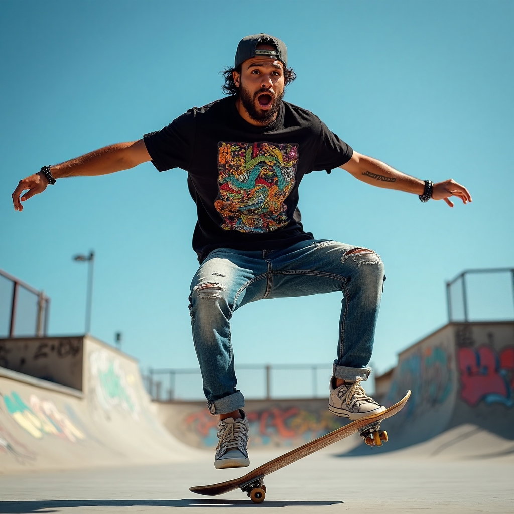 AI-generated photo: Athletic action photo capturing a man executing a powerful skateboarding trick in an urban skatepark...