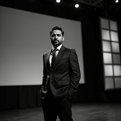 AI-generated photo: Professional black-and-white headshot photography on a keynote stage, the backdrop a soft-focus grid...