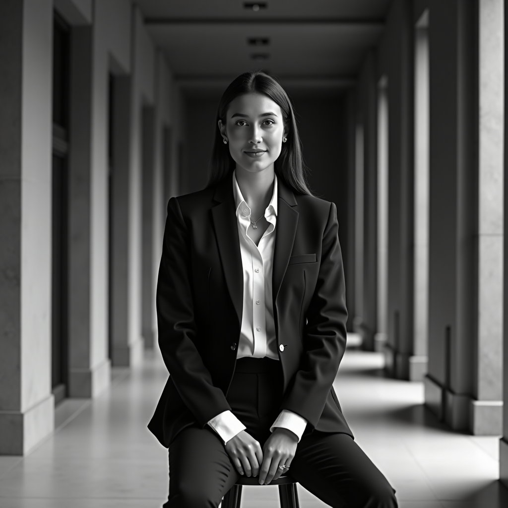 AI-generated photo: Professional black-and-white headshot photography set in a high-end corporate corridor with repeatin...