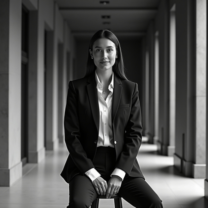 AI-generated photo: Professional black-and-white headshot photography set in a high-end corporate corridor with repeatin...