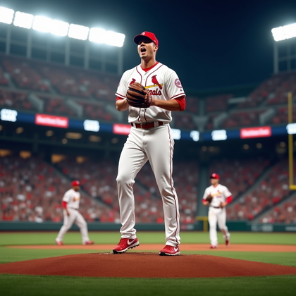 AI-generated photo: Photorealistic professional baseball celebration photo under playoff lights, framed from the first-b...