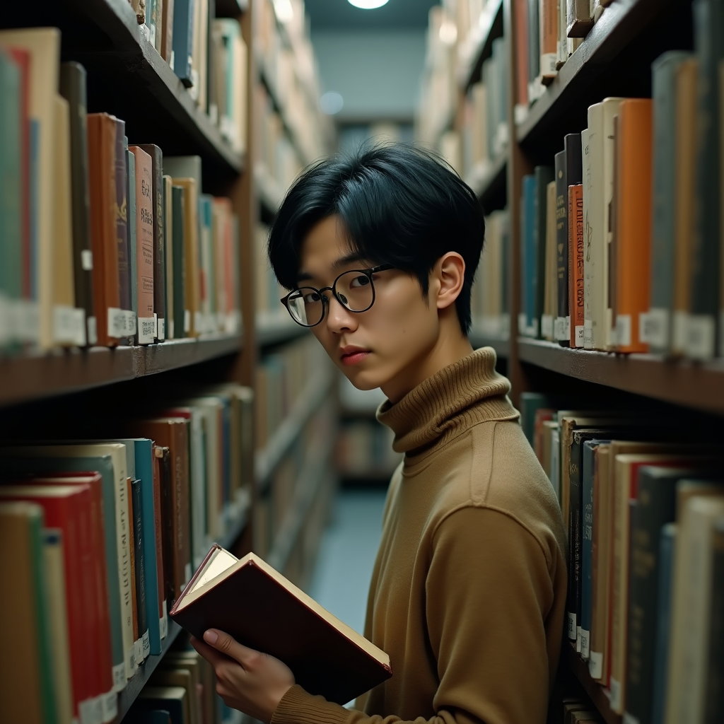 Bookstore Browse: Tight side-profile composition from between two sagging bookstore shelves, one visible person pausing with a book half-pulled at eye level…