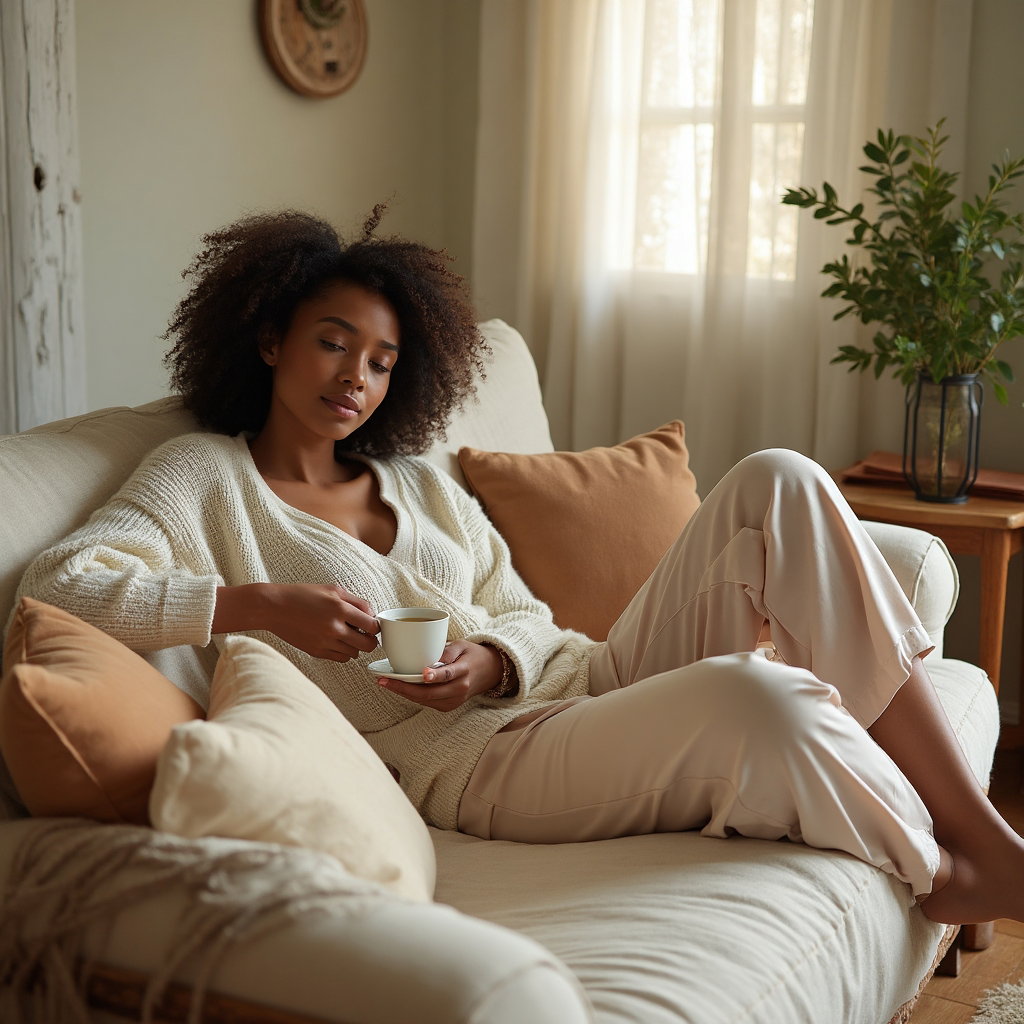 AI-generated photo: Cozy At-Home Vibes lifestyle photo featuring a woman reclining casually on a softly rumpled, creamy ...