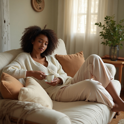 AI-generated photo: Cozy At-Home Vibes lifestyle photo featuring a woman reclining casually on a softly rumpled, creamy ...