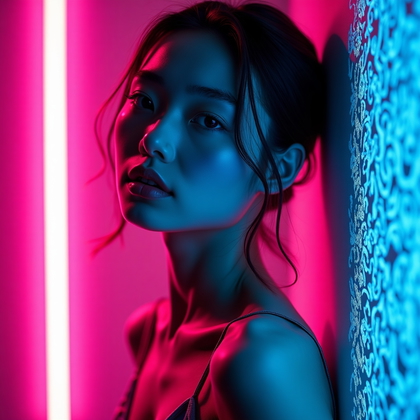 AI-generated photo: Photorealistic neon editorial portrait photo in a matte-plum studio using a laser-cut lace-filigree ...
