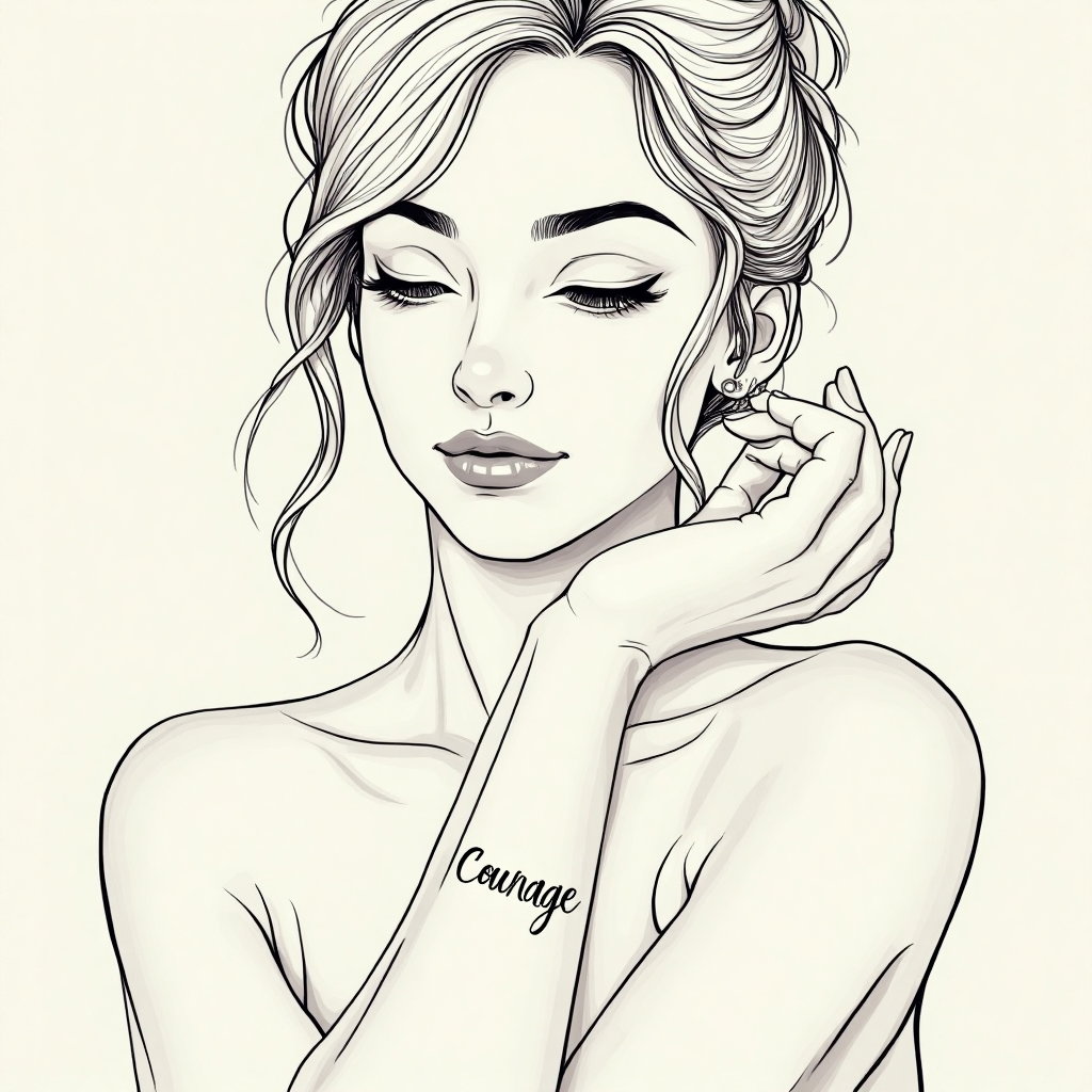 AI-generated photo: **Minimalist line art illustration** of a woman with a minimalist script tattoo along her wrist, fea...