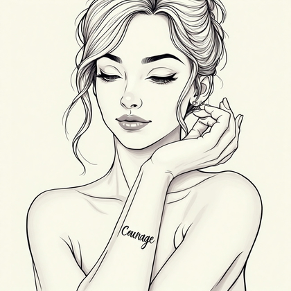 AI-generated photo: **Minimalist line art illustration** of a woman with a minimalist script tattoo along her wrist, fea...