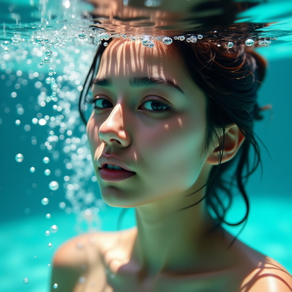 AI-generated photo: Photorealistic underwater portrait photography, intimate close-up framed from shoulders to just abov...