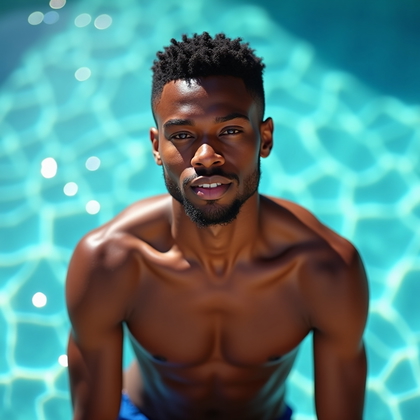 AI-generated photo: Photorealistic poolside portrait photo where hard sunlight is bounced through a shallow glass water ...
