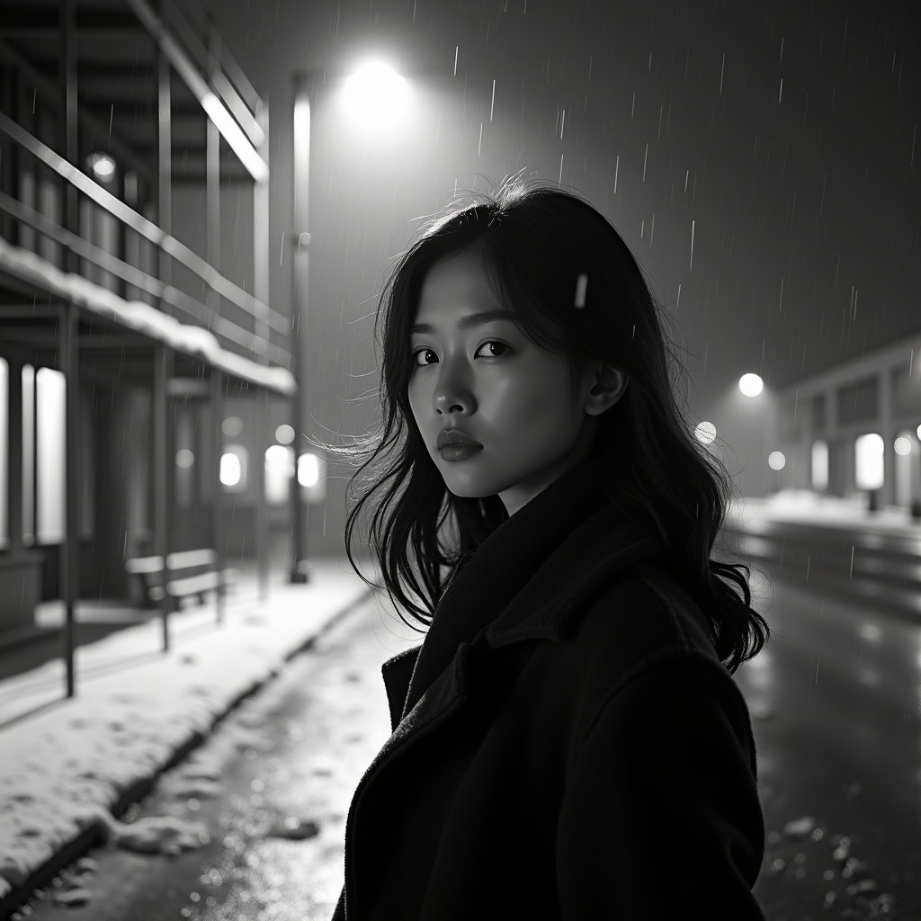 AI-generated photo: Photorealistic black-and-white night street portrait photography of the subject paused beneath const...