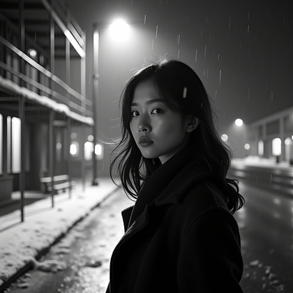 AI-generated photo: Photorealistic black-and-white night street portrait photography of the subject paused beneath const...