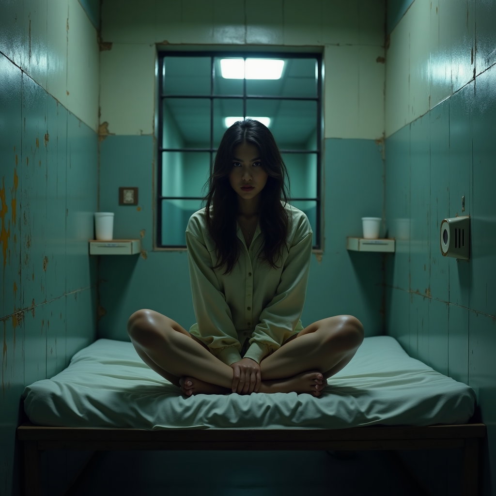 AI-generated photo: Photorealistic prison portrait photography, person sitting cross-legged on the bunk mattress, torso ...