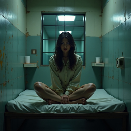AI-generated photo: Photorealistic prison portrait photography, person sitting cross-legged on the bunk mattress, torso ...