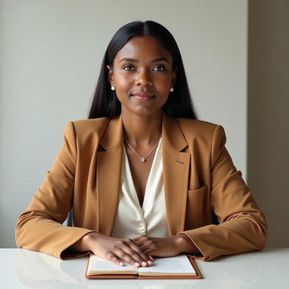 Blazer et blouse en soie : portrait assis rapproché et raffiné à une table d’entretien dans un bureau minimaliste, centré sur le duo blazer-blouse.