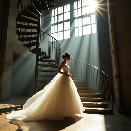 AI-generated photo: Photorealistic wedding photography. In a converted warehouse lobby with a monumental riveted iron he...