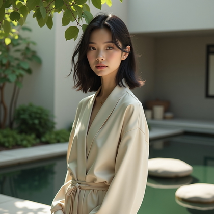 AI-generated photo: Photorealistic fashion portrait photography. A serene outdoor portrait in a minimalist Japanese gard...