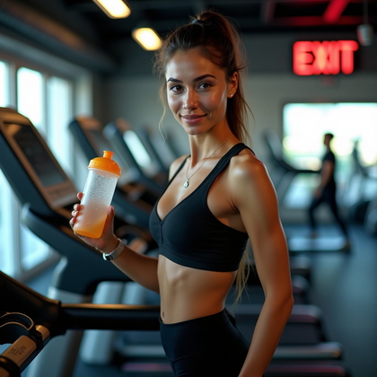 AI-generated photo: Photorealistic gym close-up portrait photograph: captured at a treadmill during cooldown from the fr...