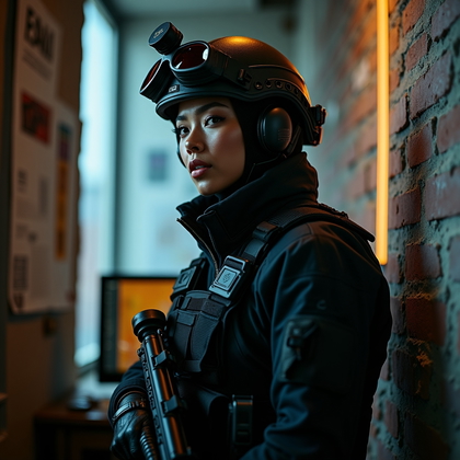 AI-generated photo: Photorealistic dramatic special operations fashion portrait photography, a figure standing in a diml...