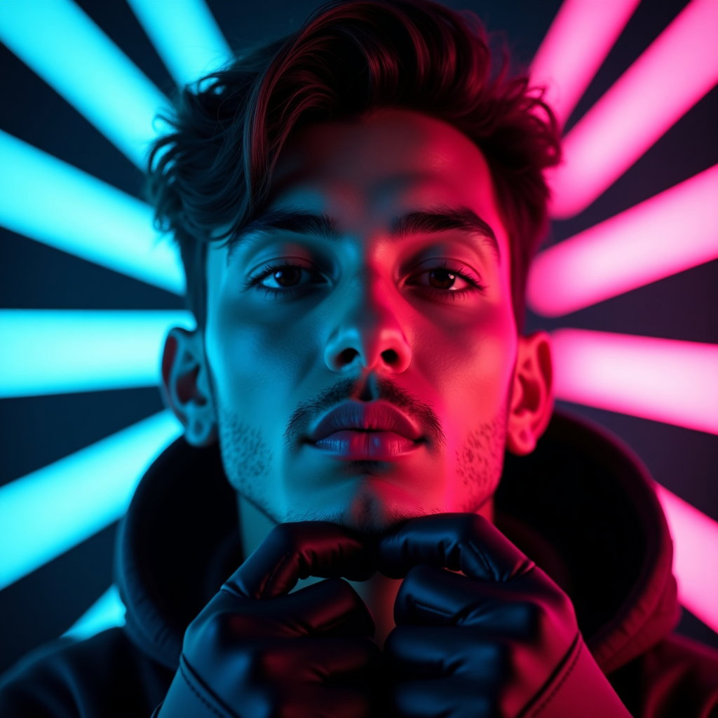 Motion-Based Dance Pop Album Cover Photos example: Photorealistic pop star avatar album cover photo. Tight square shoulder-up crop with the face clearly visible and center