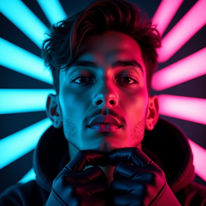 Motion-Based Dance Pop Album Cover Photos example: Photorealistic pop star avatar album cover photo. Tight square shoulder-up crop with the face clearly visible and center