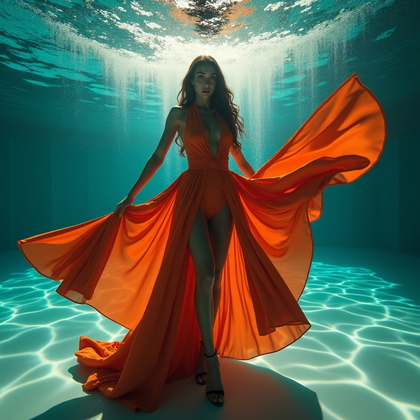 AI-generated photo: Photorealistic underwater fashion photography, a cinematic three-quarter portrait in a large, luxuri...
