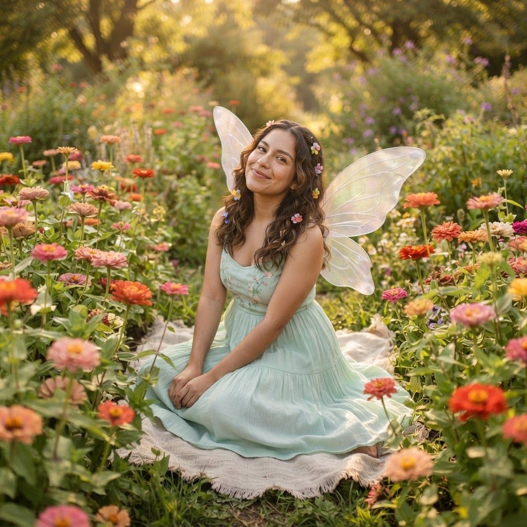 Garden Fairy Among Flowers: Seated cross-legged on a small linen blanket amid tall zinnias, wearing a delicate mint-green dress, tiny floral hair clips, and translucent…