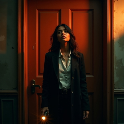 Back-Against-the-Door Panic Pose example: Cinematic horror portrait photo. Editorial hero image of a solo subject standing upright with their back flat against a
