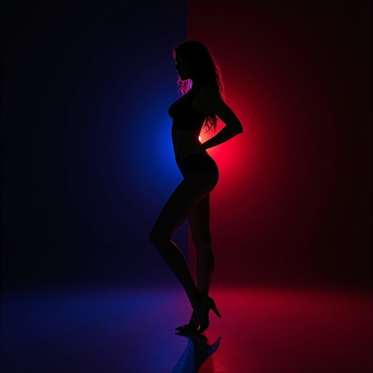 AI-generated photo: Photorealistic studio portrait photography. Full-body semi-silhouette against a dark seamless backdr...