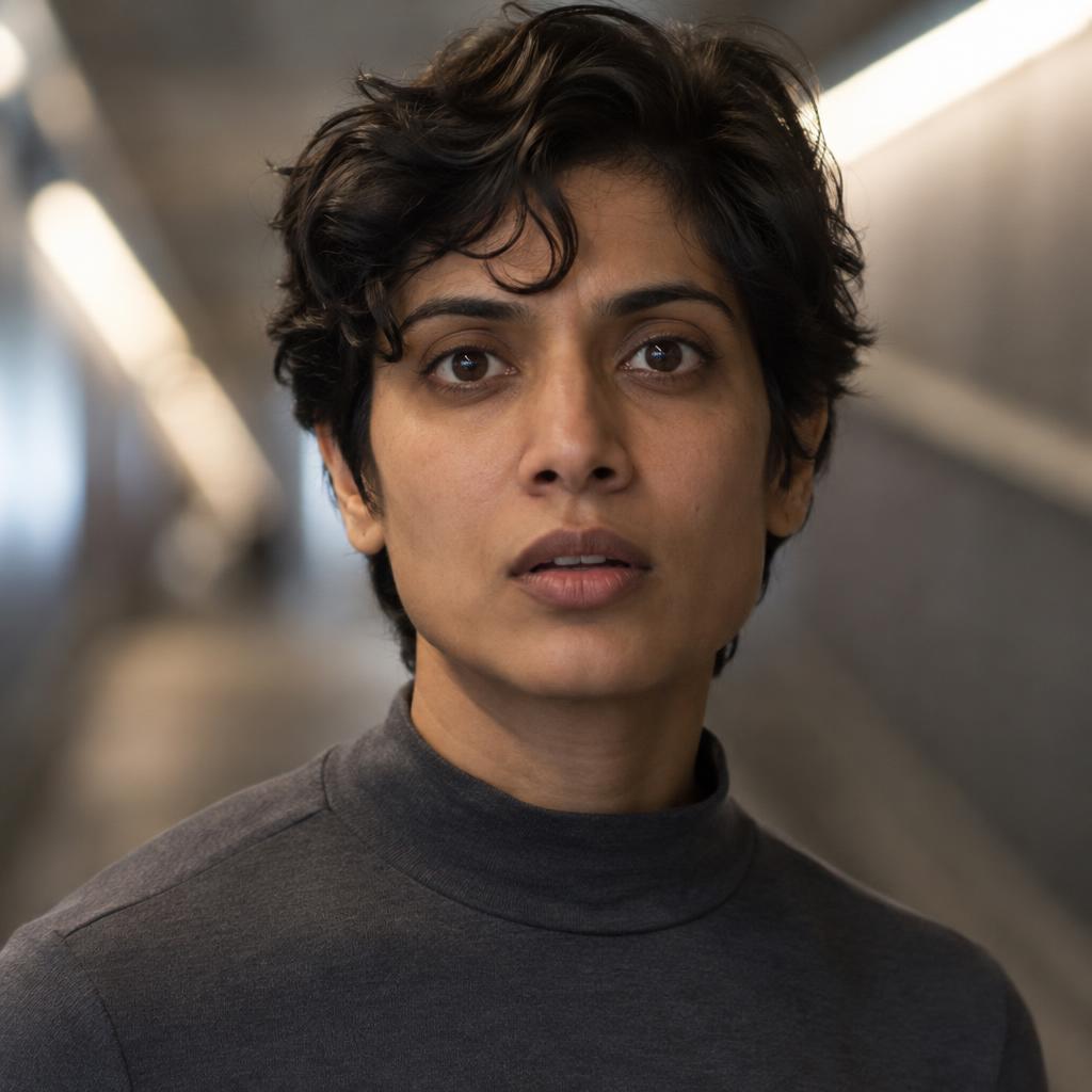 Speculative-Fiction Character: Photorealistic acting headshot tightly framed from the upper chest, with blurred diagonal light seams suggesting an unfamiliar passage…