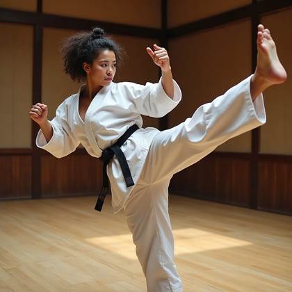 AI-generated photo: Athletic action shot photo of a woman executing a powerful martial arts kick, captured mid-motion ag...