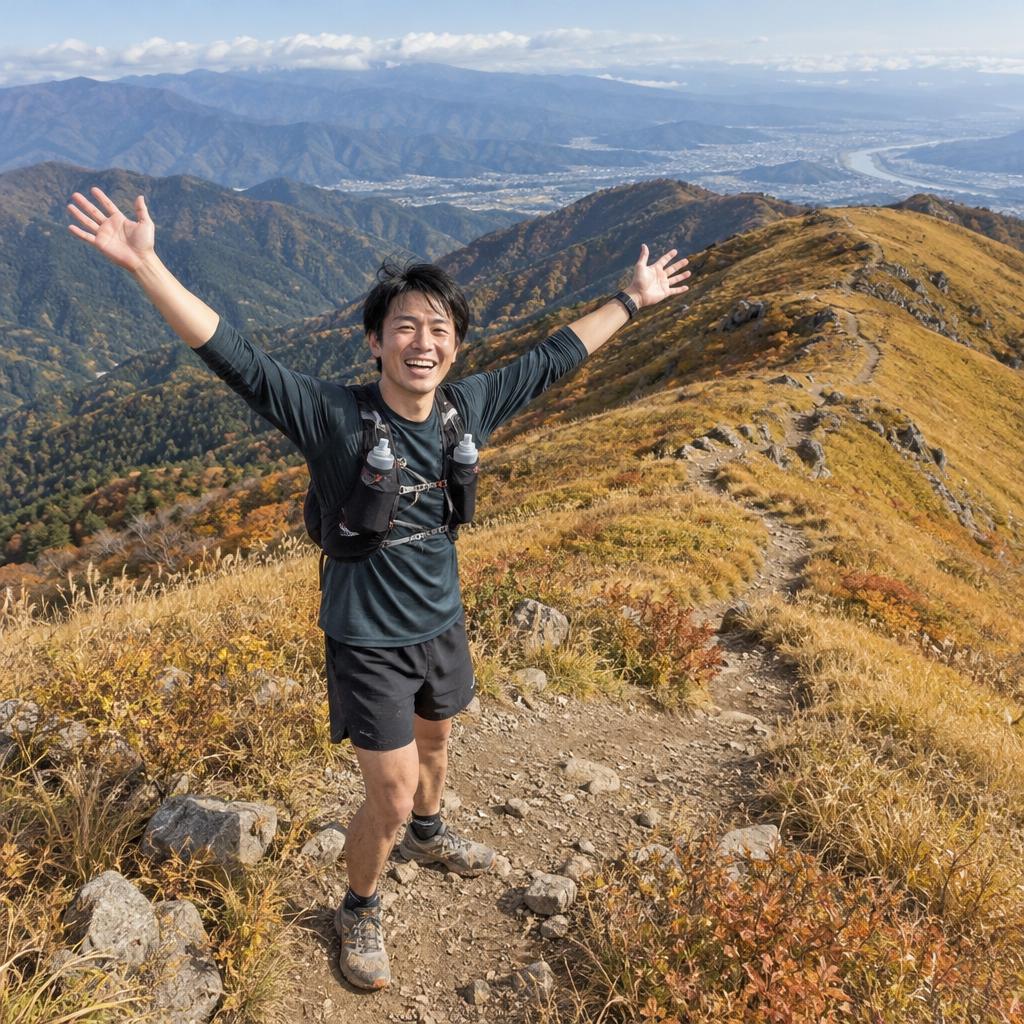 Reaching A Fitness Summit: Wide photo from slightly above a high mountain trail where autumn grasses line the crest.
