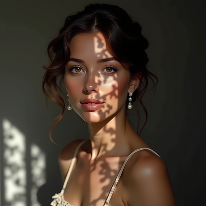 AI-generated photo: Photorealistic studio beauty portrait photo, tight crop from forehead to collarbone with a vintage l...